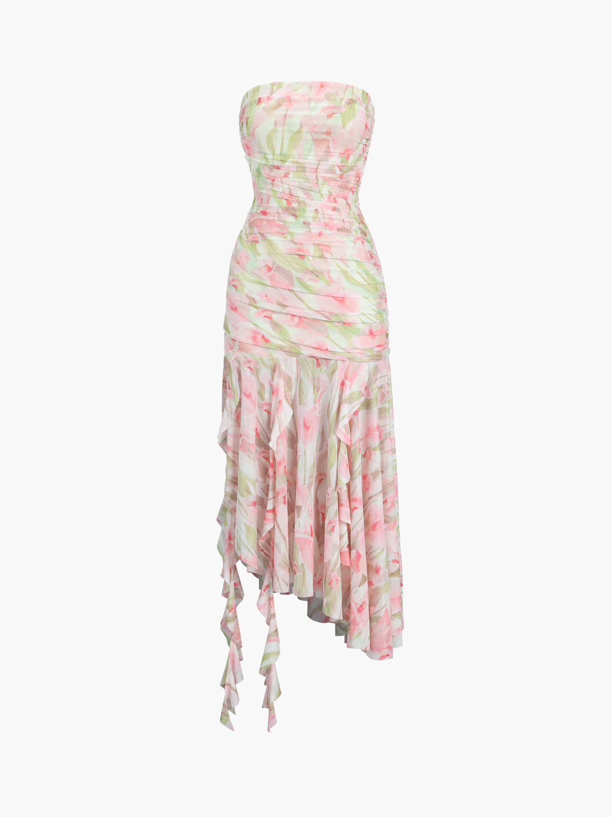 Cherry Blossom Floral Mesh Tube Midi Dress