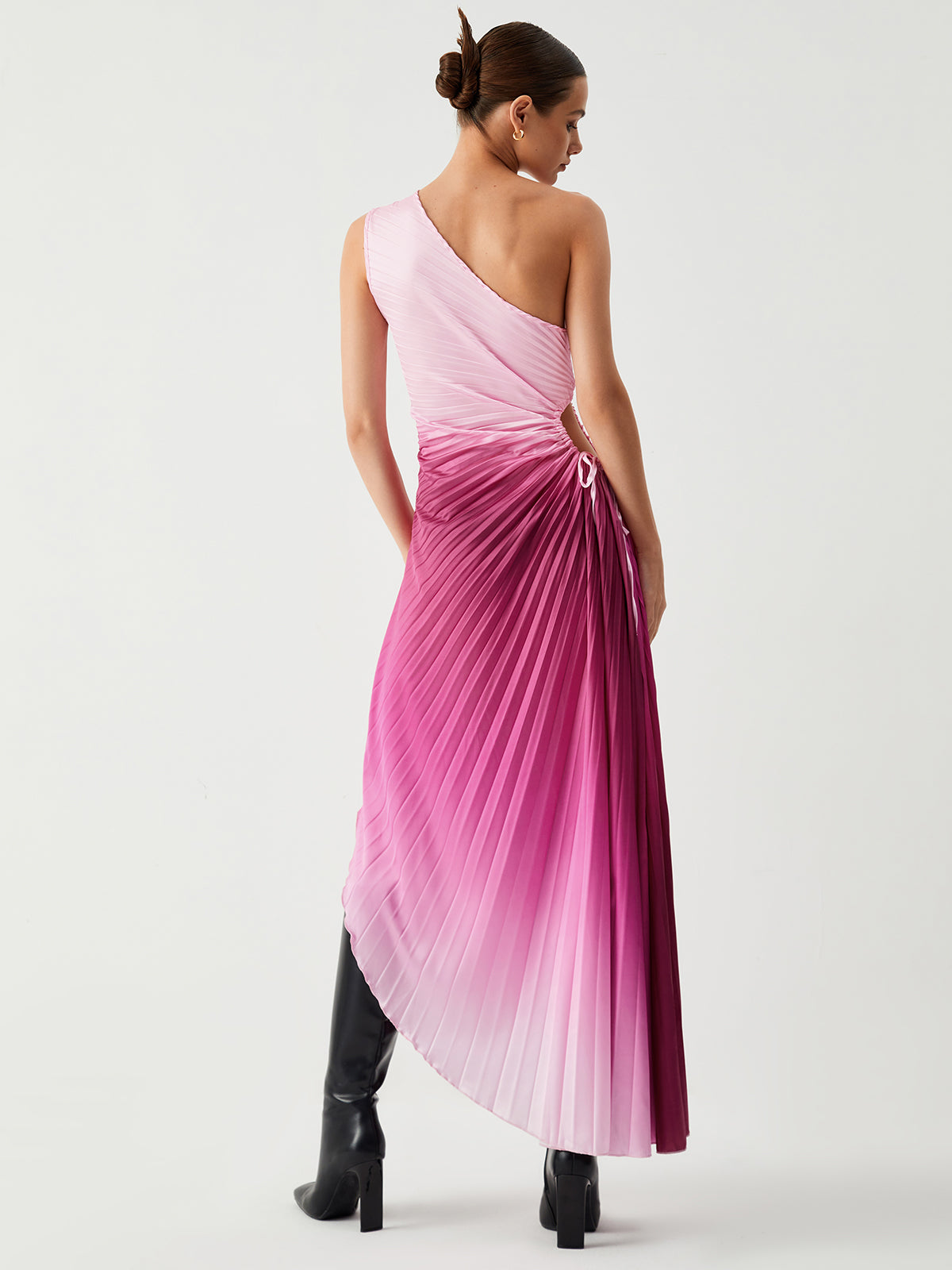 Ombre Rosy Bush Pleat Cutout Long Dress