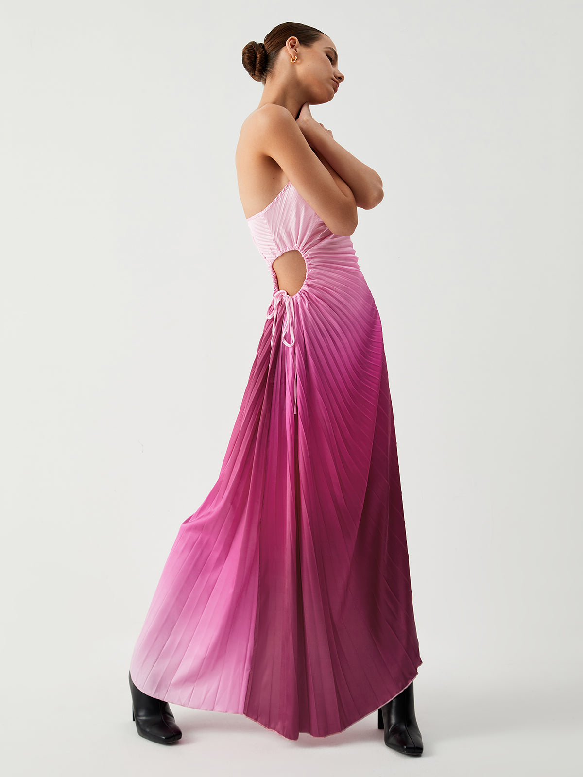 Ombre Rosy Bush Pleat Cutout Long Dress