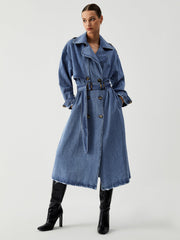 Ripped Hem Denim Trench Coat