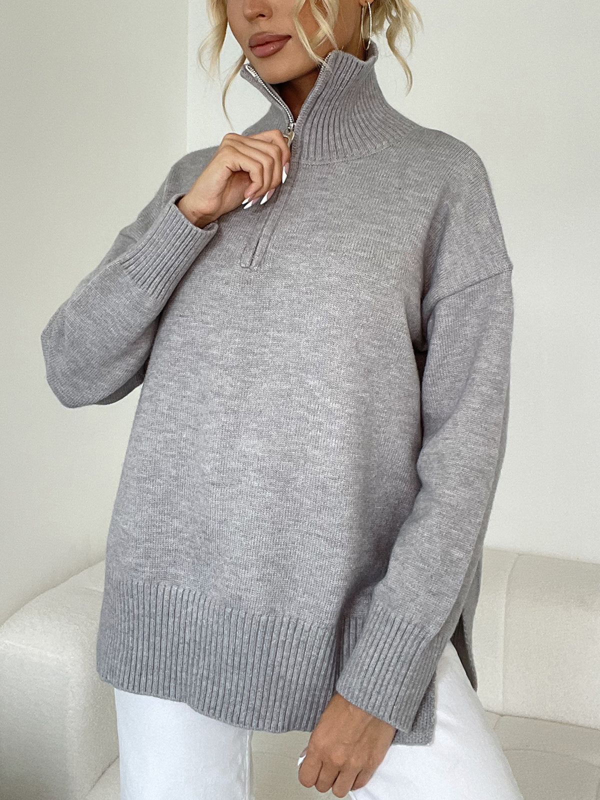 Leisure Open Collar Zippered Sweater