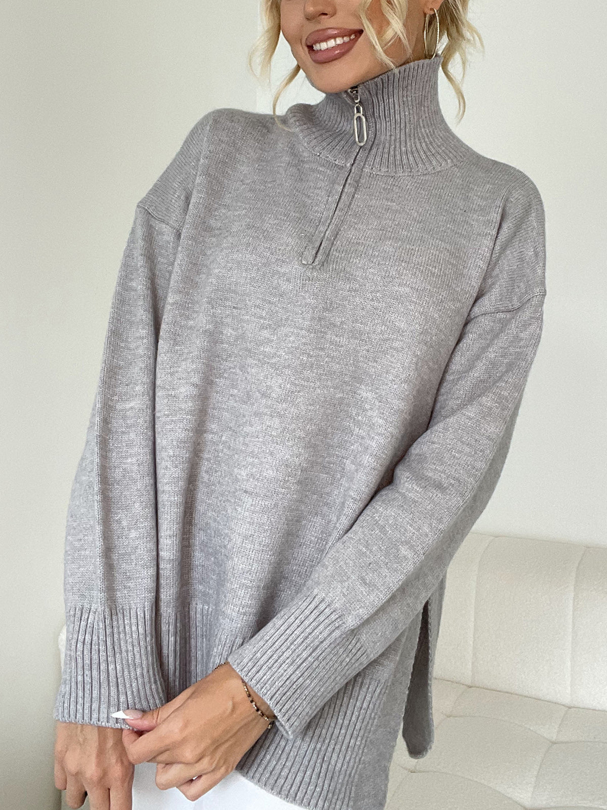 Leisure Open Collar Zippered Sweater