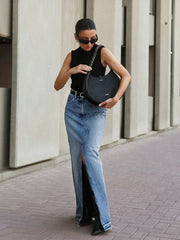 Raw Hem Faded Denim Slit Maxi Skirt