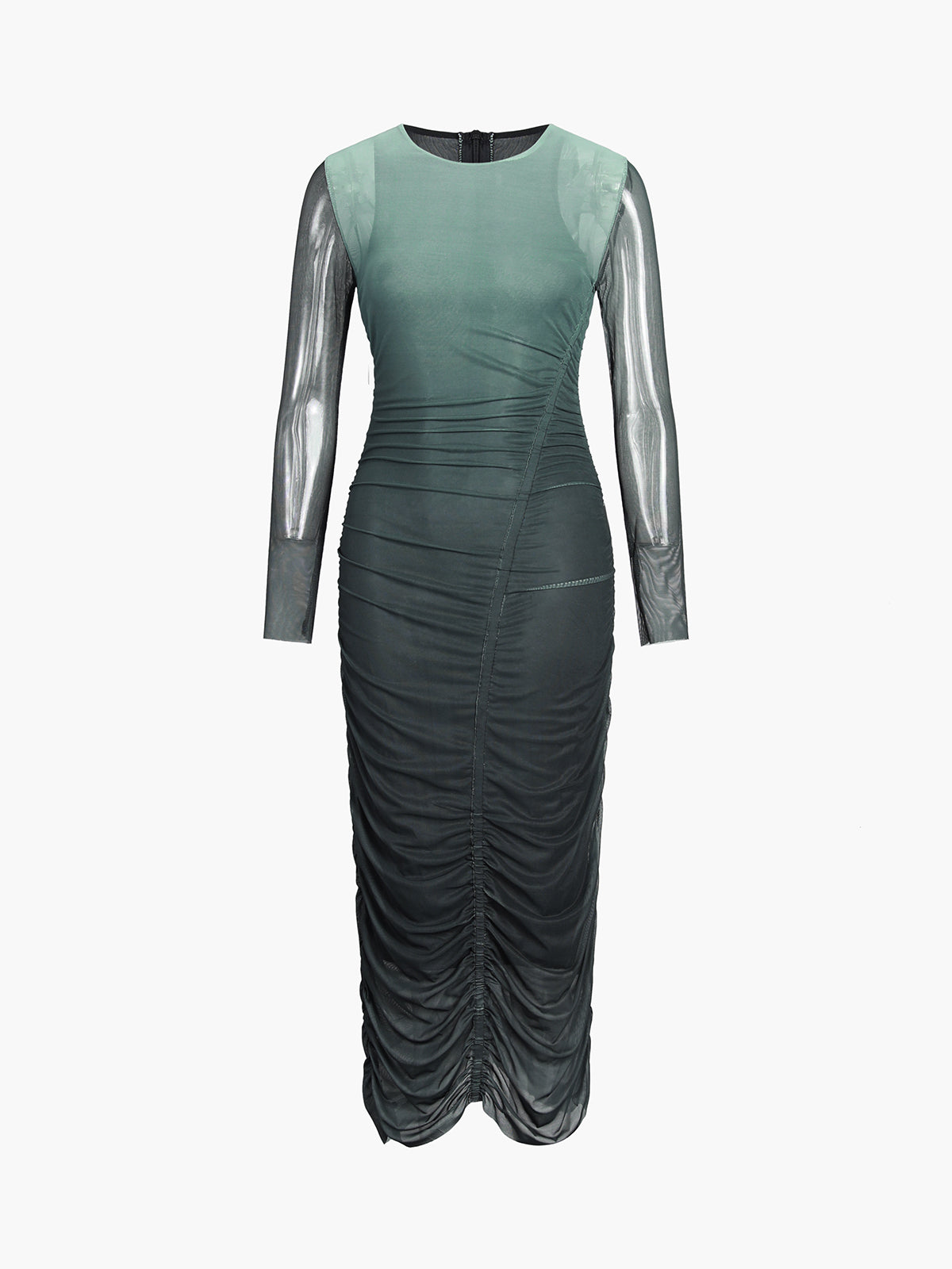 Ombre Green Mesh Long Sleeve Ruched Midi Dress