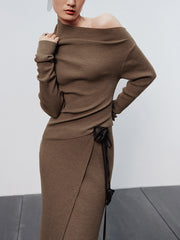 Caramel Asymmetric Neckline Long Sleeve Knit Top