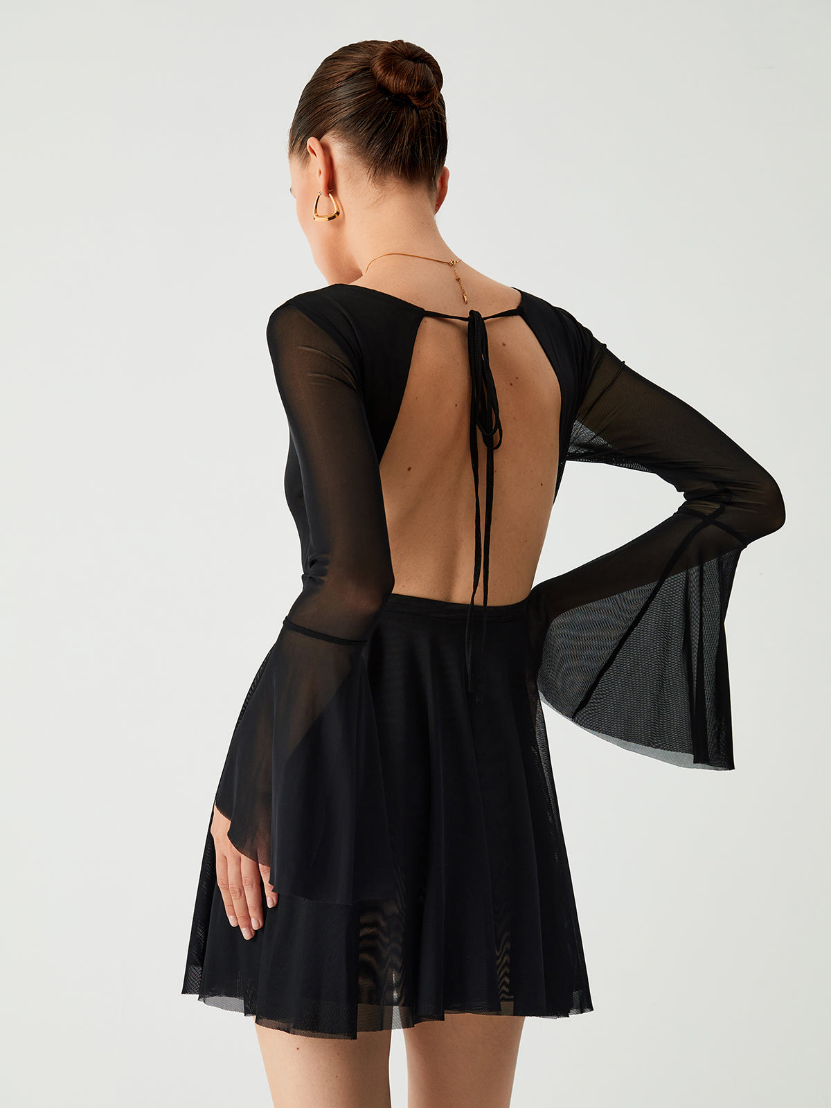 Mesh Flare Sleeve Open Back Short Dress