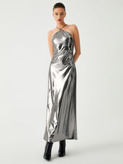 Metallic Leather Halter Long Dress