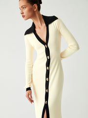 Contrast Trim Collared Long Sleeve Knit Dress