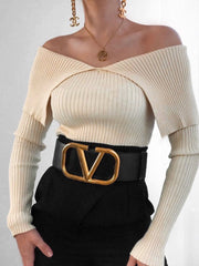 Triggered Off Shoulder Long Sleeve Knit Top