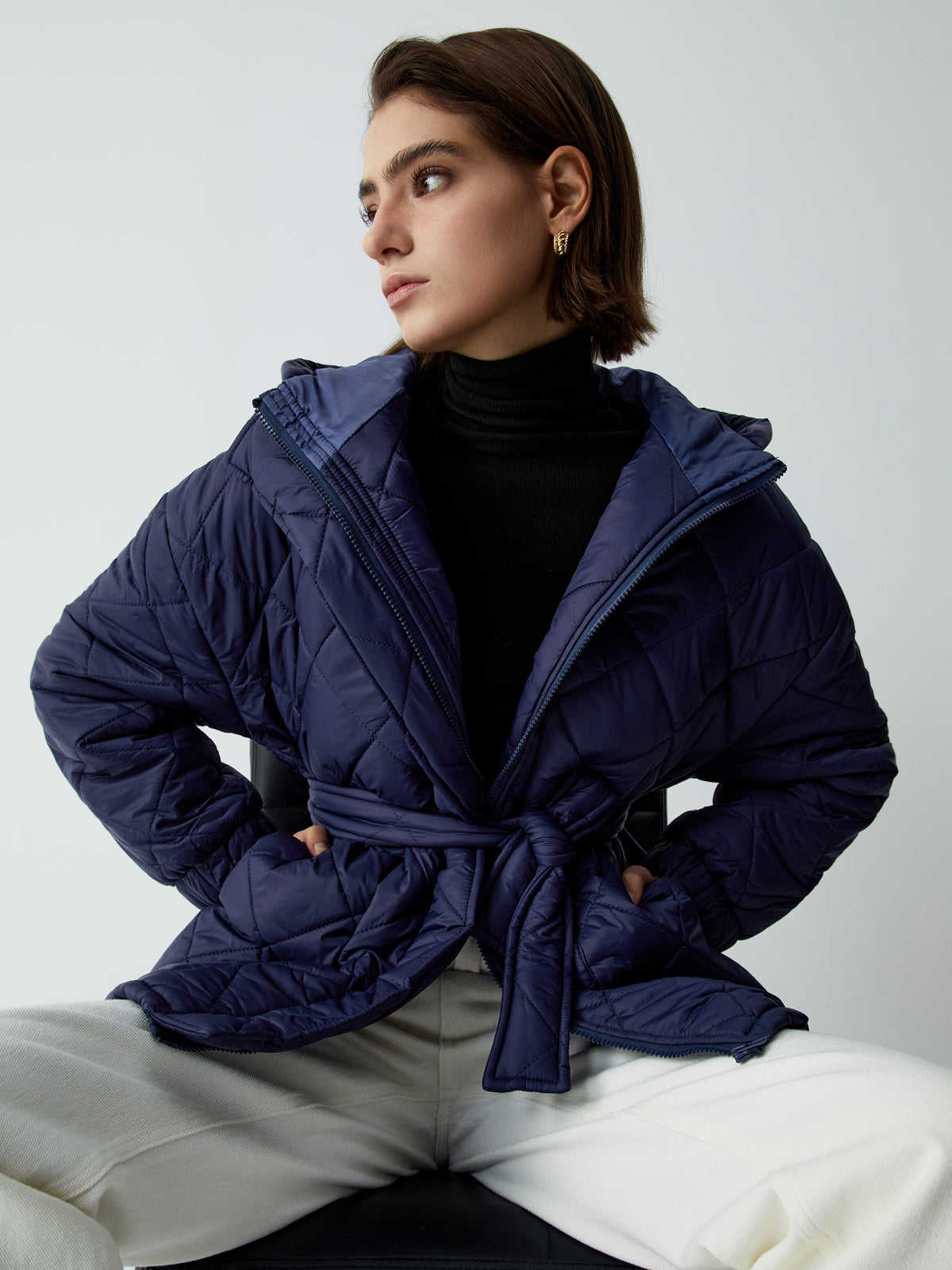 Tie Front Quilted Puffer Hooded Coat