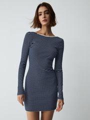 Stripe Open Back Long Sleeve Short Dress