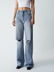 Distressed Detail Denim Wide Leg Jeans