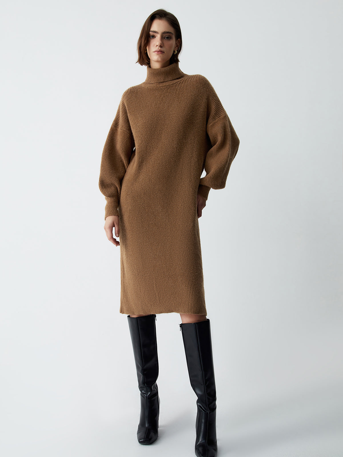 Terracotta Turtleneck Long Sleeve Midi Sweater Dress