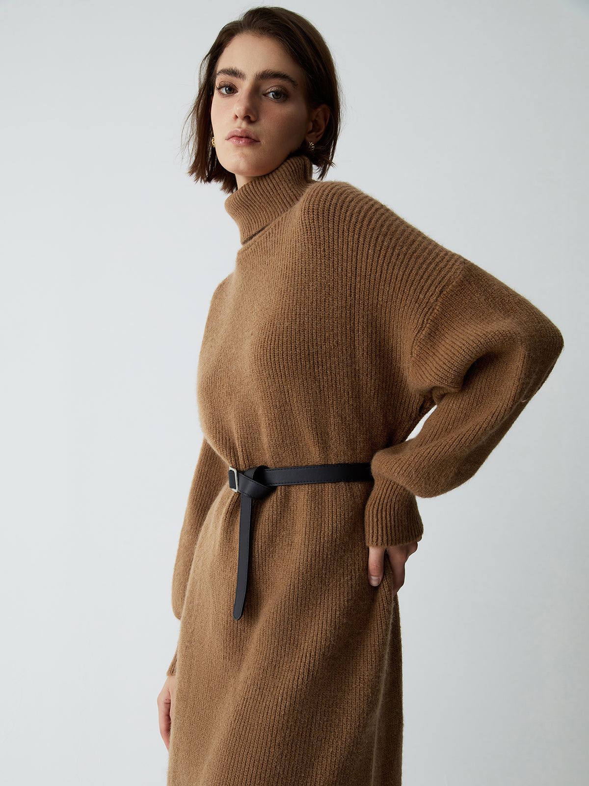 Terracotta Turtleneck Long Sleeve Midi Sweater Dress