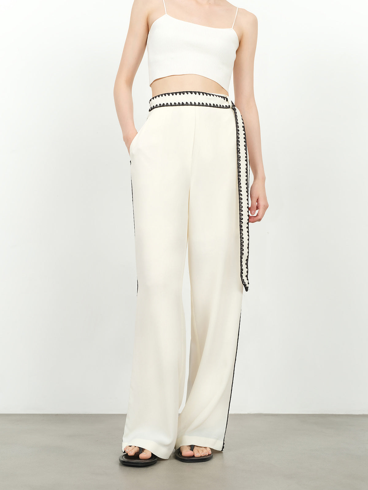 Embroidered Trim Wide Leg Dress Pants