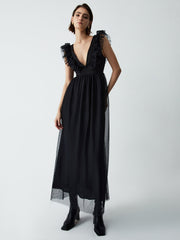 Ruffle Mesh Plunge Long Dress