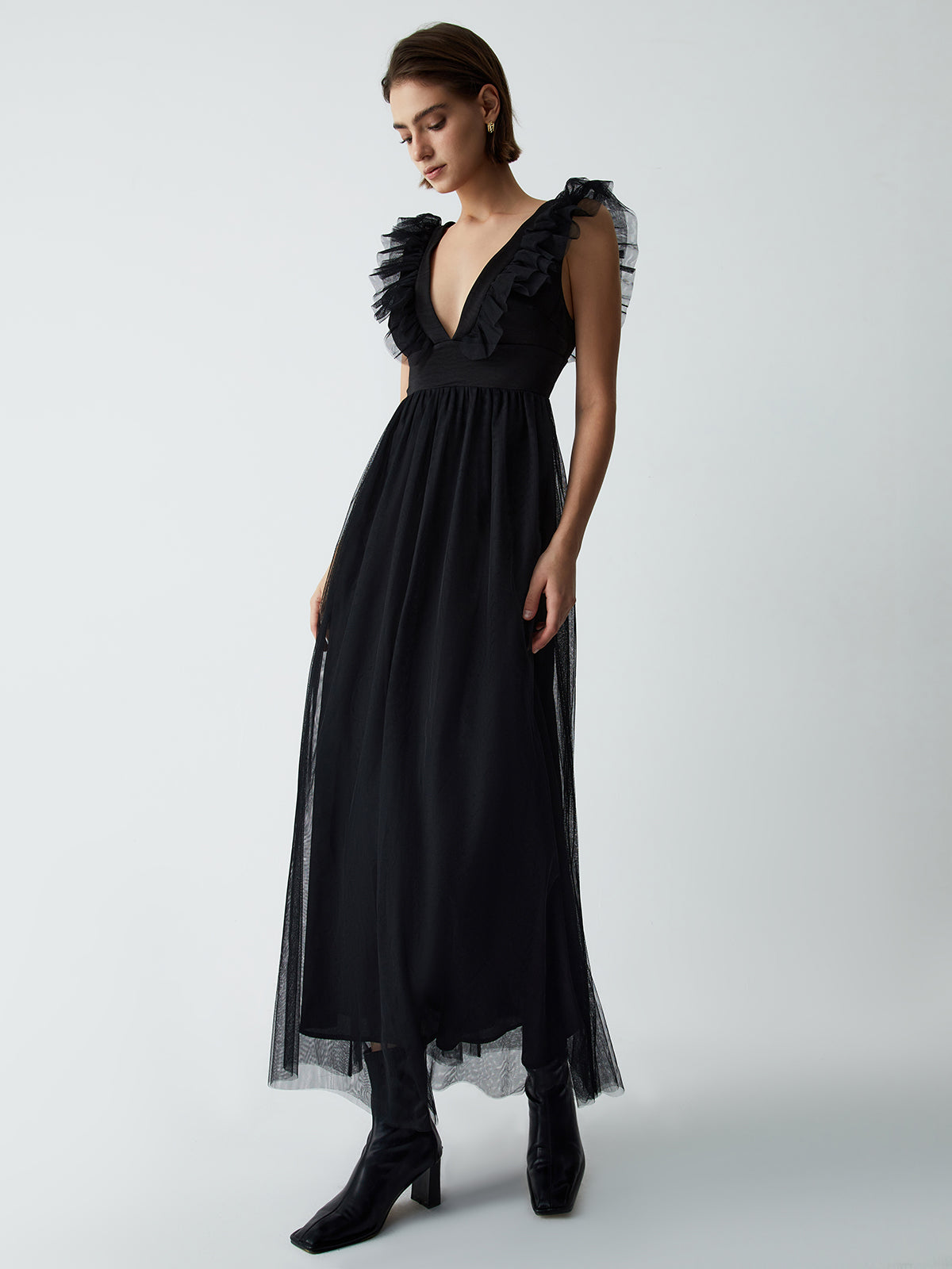 Ruffle Mesh Plunge Long Dress