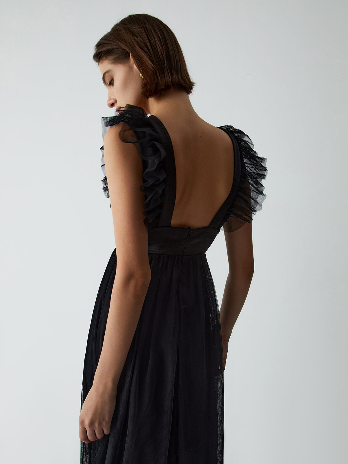 Ruffle Mesh Plunge Long Dress