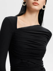 Asymmetric Neckline Oblique Hem Long Sleeve Top