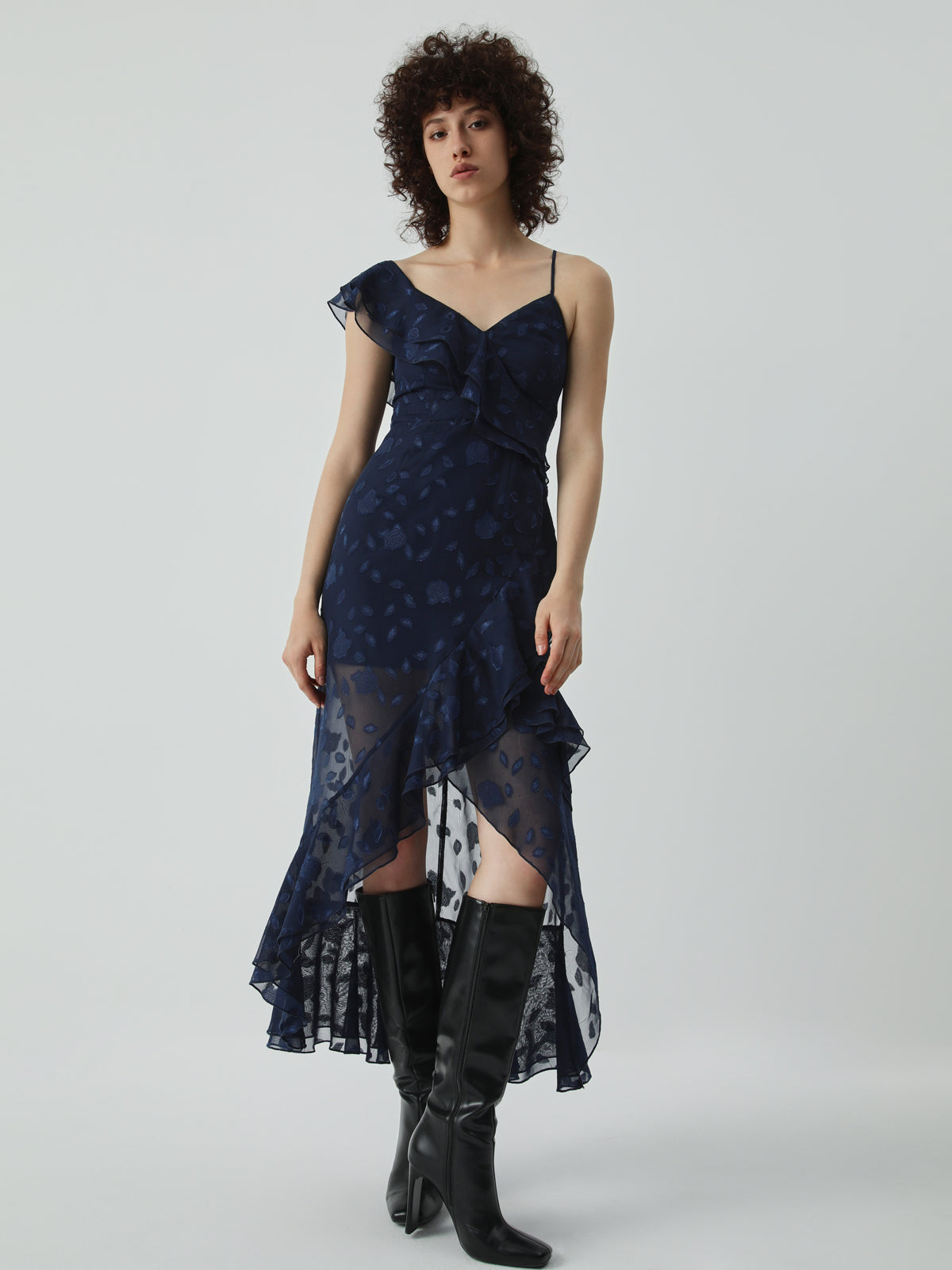 Jacquard Asymmetric Ruffle Long Dress