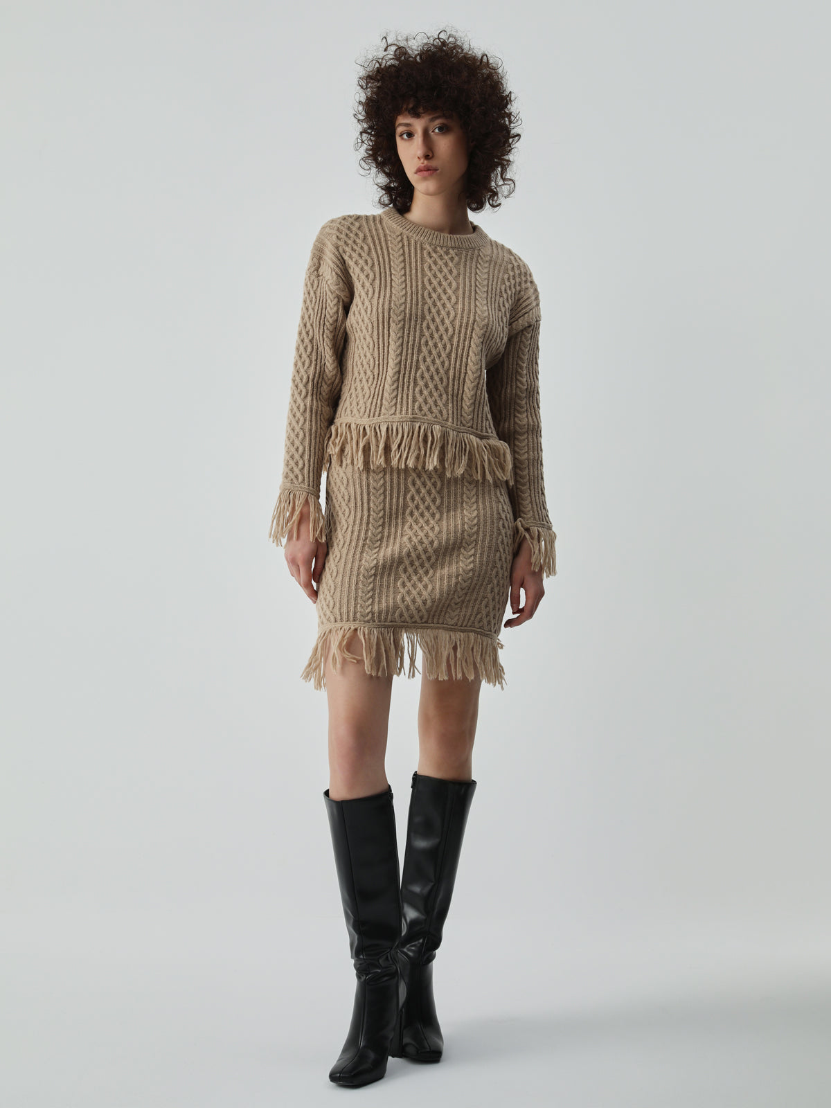 Tassel Hem Cable Knit Two Piece Long Sleeve Skirt Set