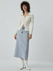 Distressed Denim Raw Hem Maxi Skirt