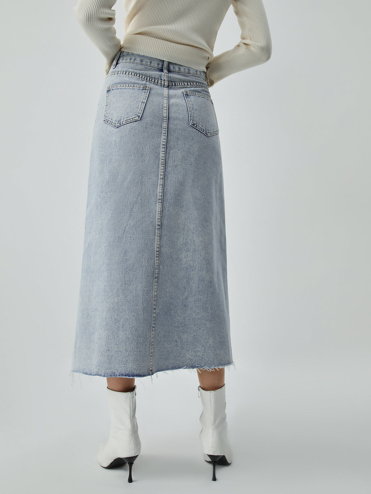 Distressed Denim Raw Hem Maxi Skirt