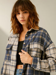 Oversized Color Blocked Plaid Flannel Shirt Jacket