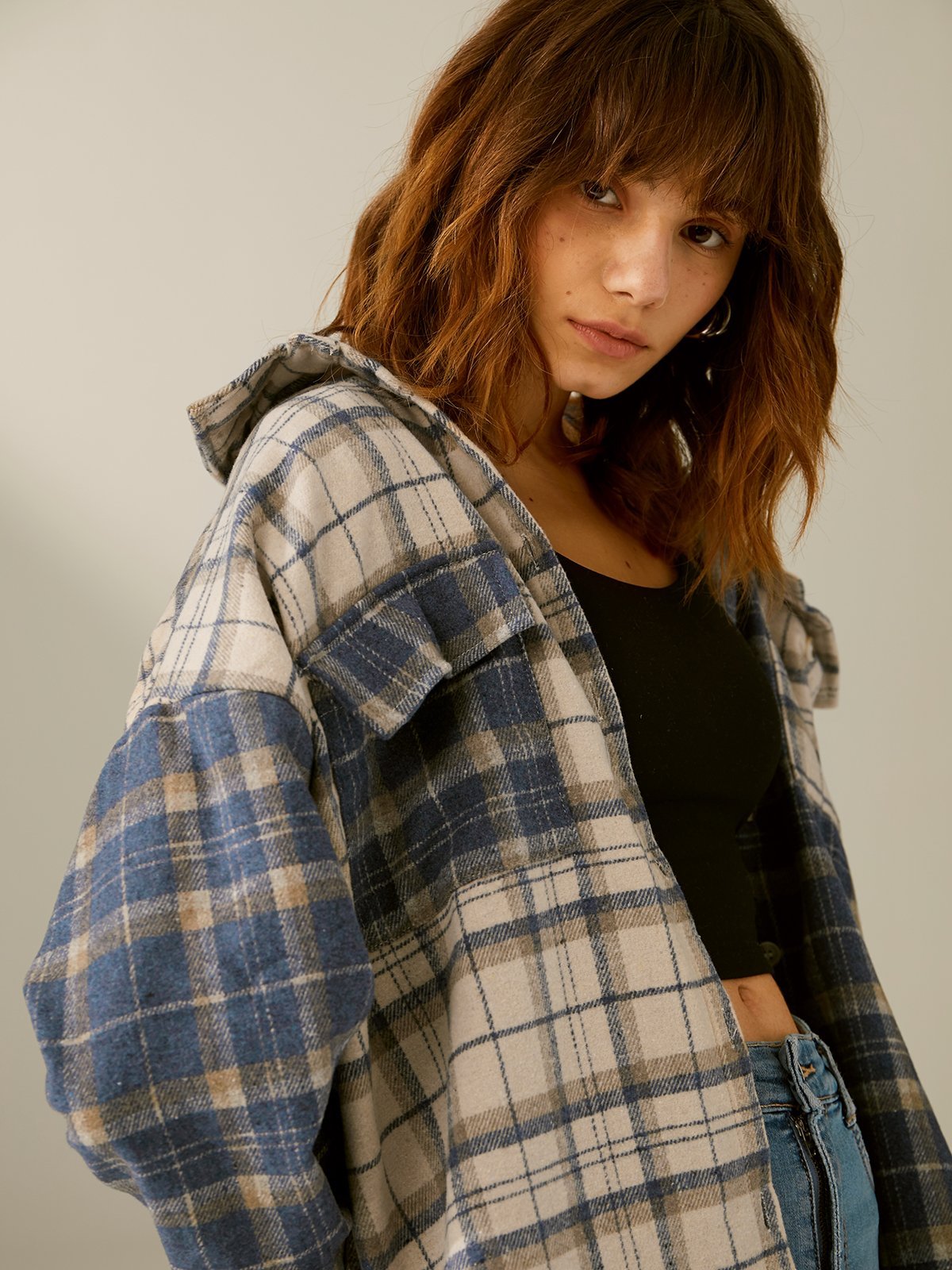 Oversized Color Blocked Plaid Flannel Shirt Jacket